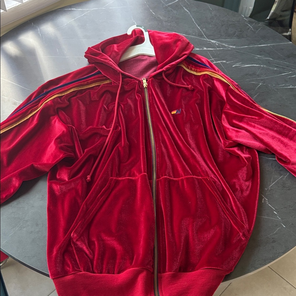 Aviator Nation Red Velour Hoodie with Stripes